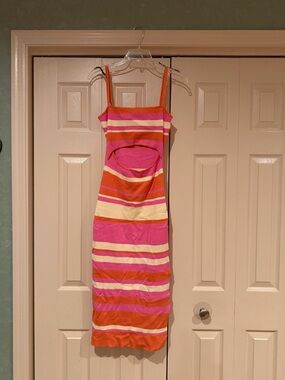 MARBLE Pink, Orange & Cream Striped Midi Dress Soft Cotton Knit